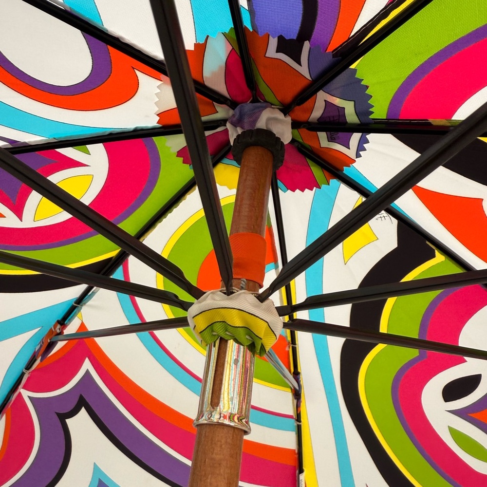 Rare 2000s Emilio Pucci Multicolor Geometric Umbrella With Wood & Leather Handle - Picture 8 of 13